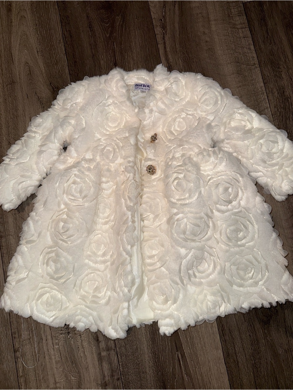 Blueberi Boulevard Cream Floral Faux-Fur Pea Coat for Kids